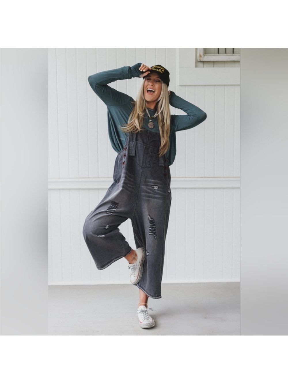 Three Bird Nest Women's Washed Black Distressed Wide-Leg Overalls